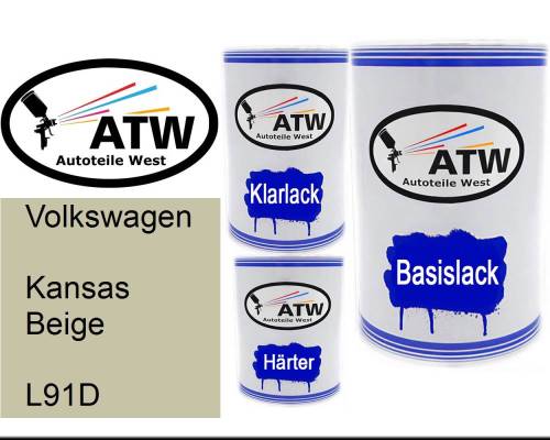 Volkswagen, Kansas Beige, L91D: 500ml Lackdose + 500ml Klarlack + 250ml Härter - Set, von ATW Autoteile West.